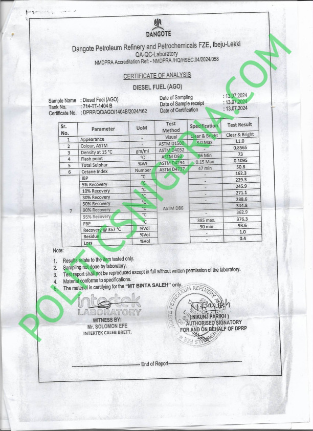 Dangote deceived Nigerian Lawmakers, Diesel Quality worse than Presented- DOCS Present Evidence