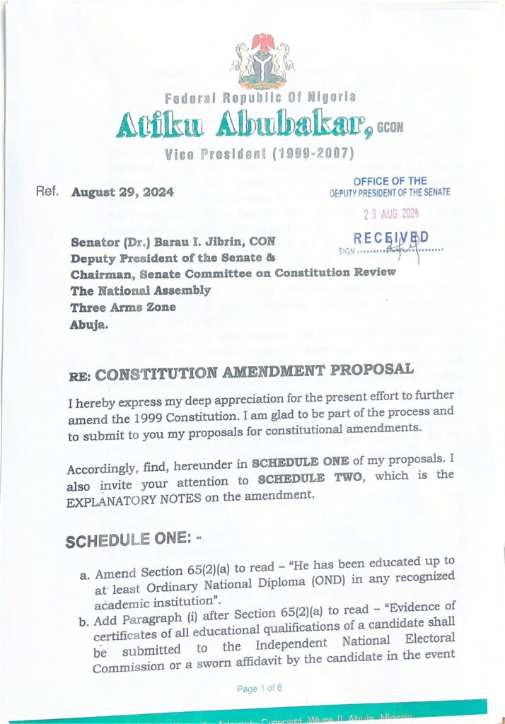 Atiku Urges National Assembly To Consider A Six-year Presidential Term.(See Full Proposal)