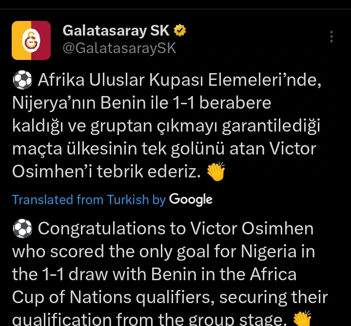 AFCON Qualifiers: Galatasaray Congratulate Victor Osimhen After Qualizer Against Benin Republic