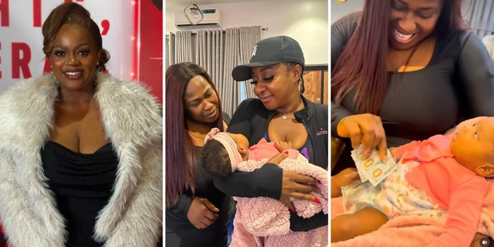 Actress Ini Edo, Uche Jombo Visit Chinneylove Eze’s Daughter, Gives Newborn Dollar Bills (Watch Video)