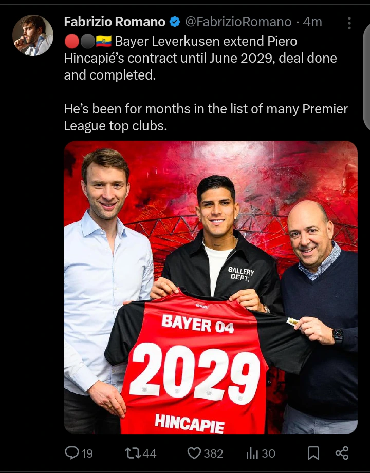 Bayer Leverkusen Reject Premier League Interest, Extend Piero Hincapié’s Contract to 2029