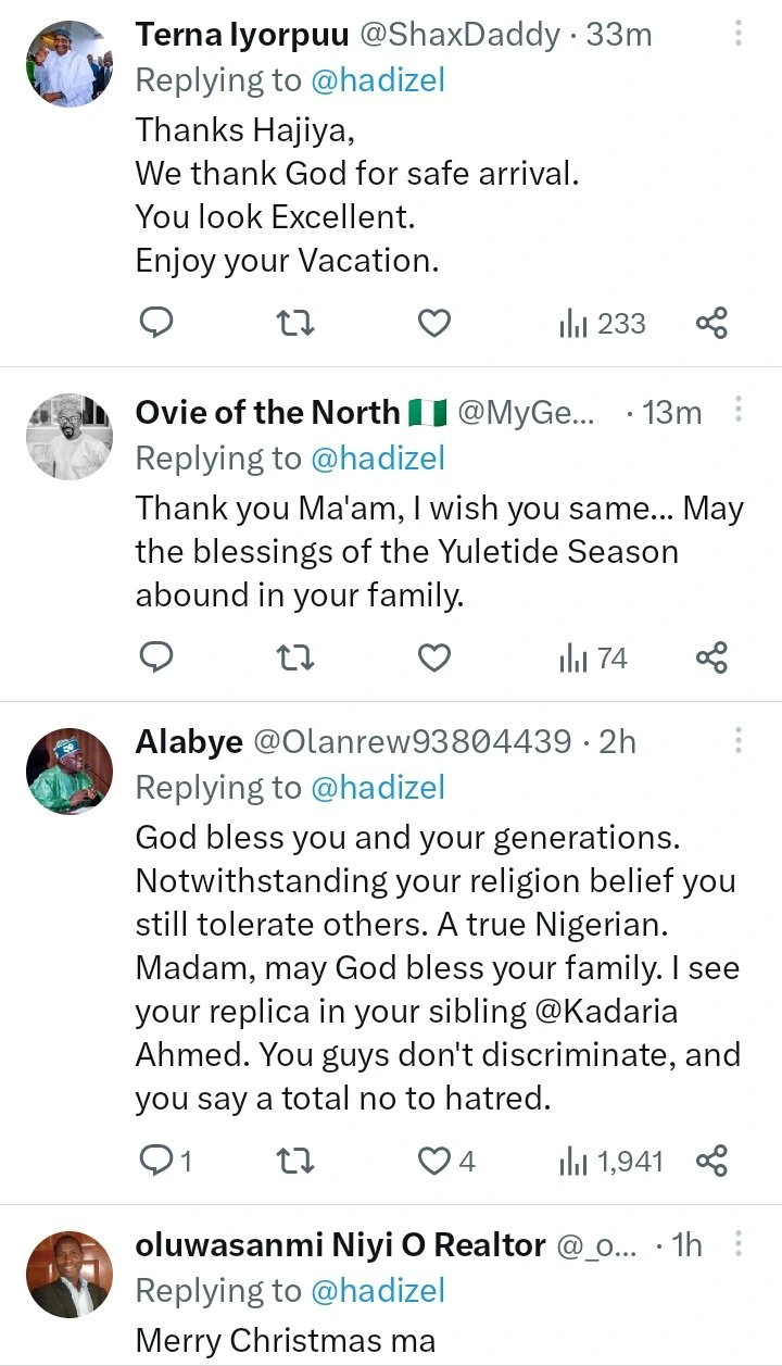 Reactions Stir Among Nigerians As Former Kaduna State Governor Wife, Hadiza Isma El-Rufai Celebrates Christmas