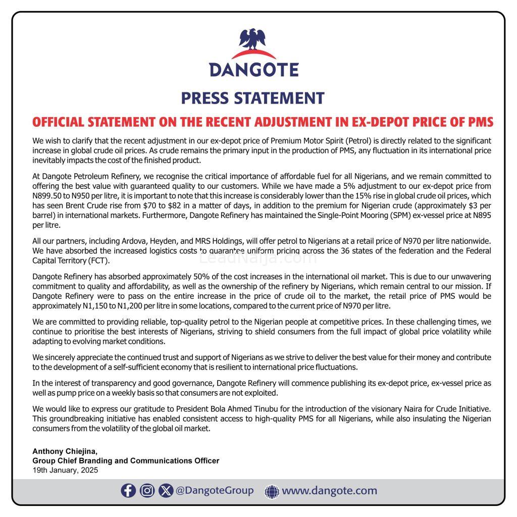 Dangote Refinery Confirmed An Increase In The Ex-depot Price