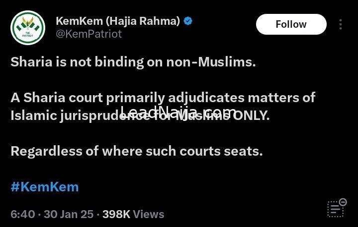 Nigerians Hit Back At Top APC Influencer Kem Kem Hajia Rahma for supporting Sharia Law in South West