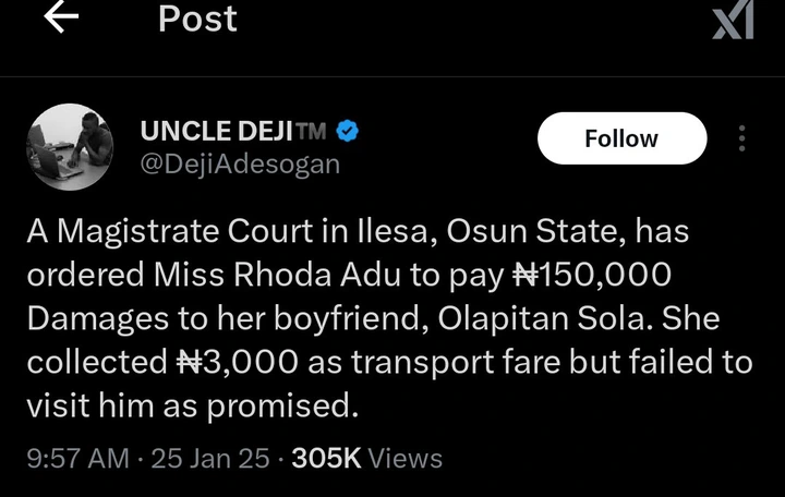 "Good, We Now Have A Precedent On This Romance Scam"- Nigerian Reacts As Court Orders Lady To Pay Boyfriend ₦150,000 For Taking ₦3,000 Transport Fare But Failing To Visit