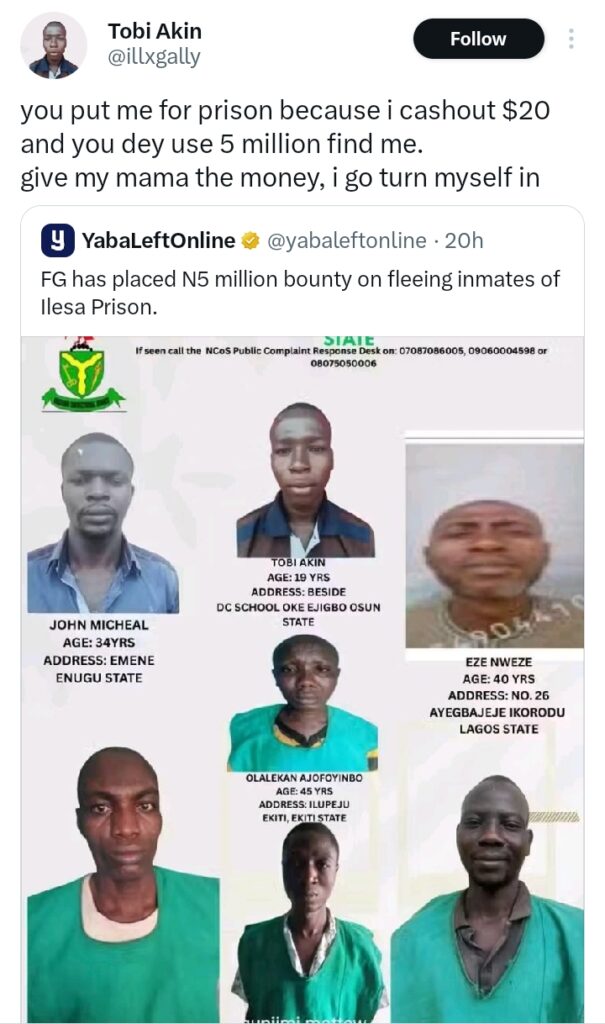Ilesa Prison Break: Escapee Offers to Surrender If FG Gives N5 Million Bounty to His Mother