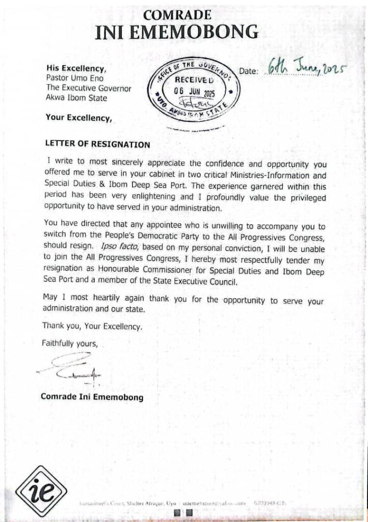 Akwa Ibom Commissioner Resigns Over Governor Eno Decision Moved To APC