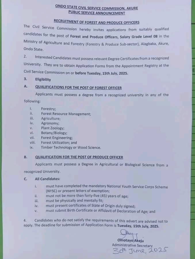 Ondo Civil Service Commission Begins Recruitment of Forest, Produce Officers