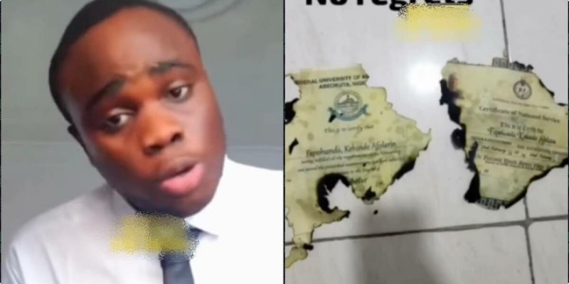 Nigerian University Graduate Burns NYSC, Degree Certificates Over Horrible 9-5 Job Offer