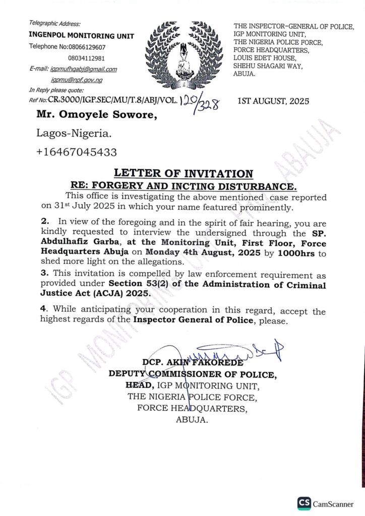 JUST–IN: Police Invite Omoyele Sowore For Questioning Over Alleged Forgery, Inciting Disturbance