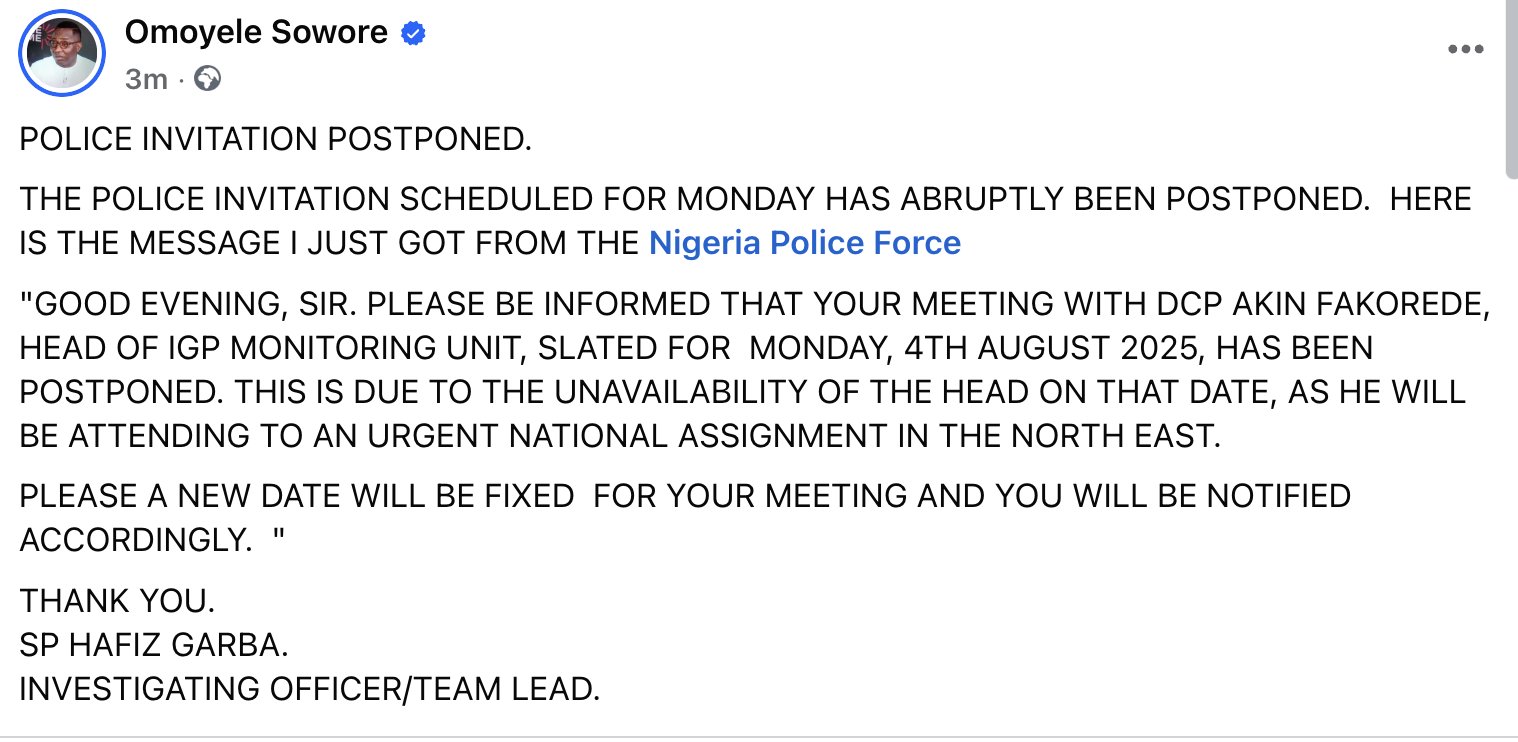 BREAKING: Police Postpone Sowore’s Interrogation Over Alleged Forgery, Inciting Disturbance