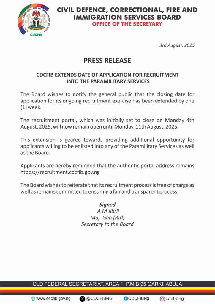 CDCFIB Extends Paramilitary Recruitment Application Deadline by One Week