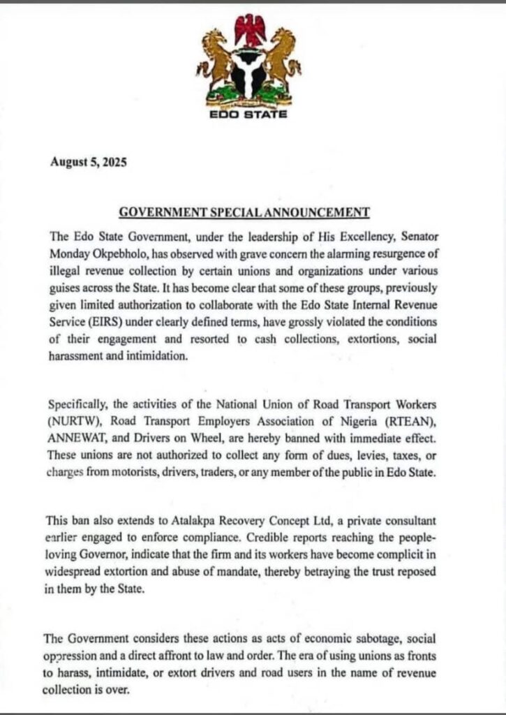 BREAKING: Edo State Government Bans NURTW, RTEAN Over Alleged Illegal Revenue Collection