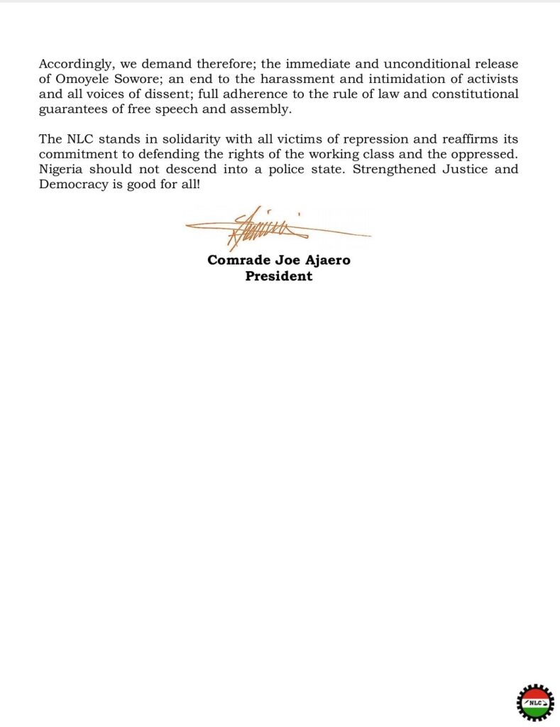 BREAKING: NLC Condemns Arrest of Omoyele Sowore, Demands Immediate Release Or National Face Action