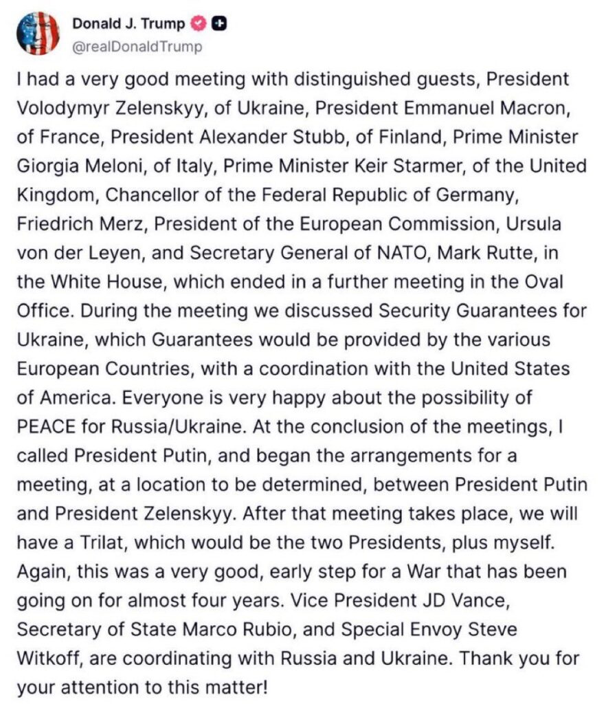 Trump Meets World Leaders on Ukraine, Announces Plans for Putin–Zelenskyy Talks