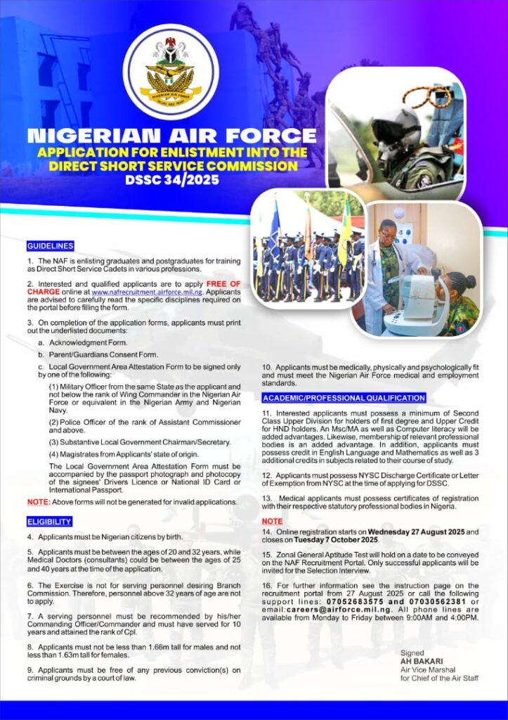 RECRUITMENT: NAF Begins DSSC 34/2025 Enlistment (See How To Apply)