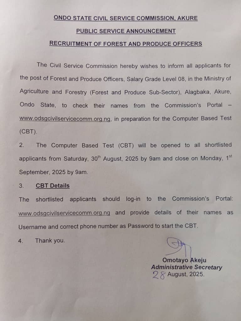 BREAKING: Ondo Civil Service Commission Announces CBT for Forest and Produce Officers Recruitment -(How To Check)