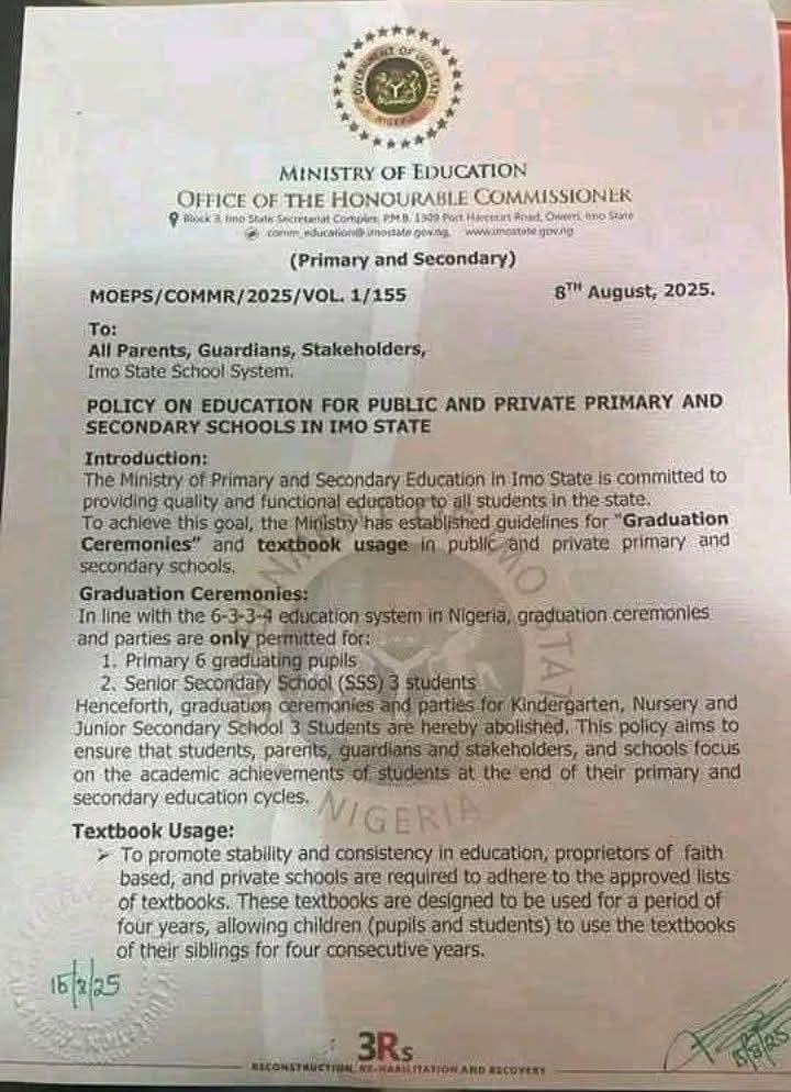 BREAKING: Imo State Bans Graduation Parties For Nursery, JSS 3 Students