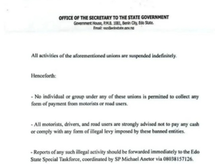 BREAKING: Edo State Government Bans NURTW, RTEAN Over Alleged Illegal Revenue Collection