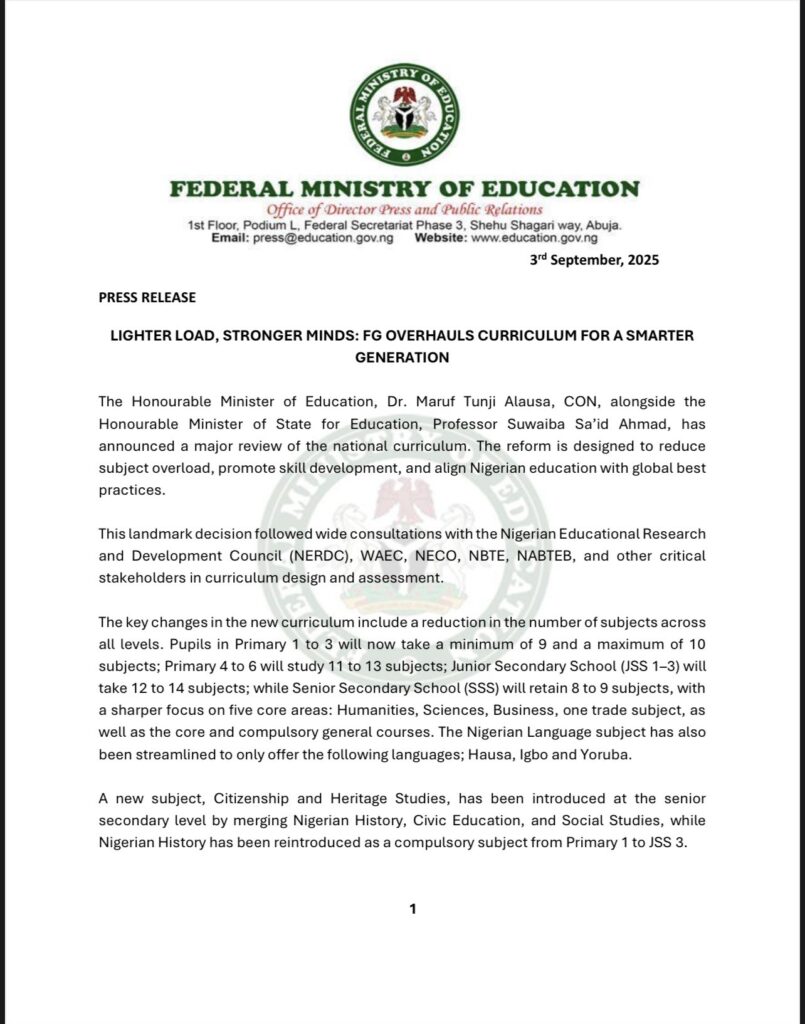 FG Overhauls School Curriculum, Reduces Subject Load for Learners (Full List)