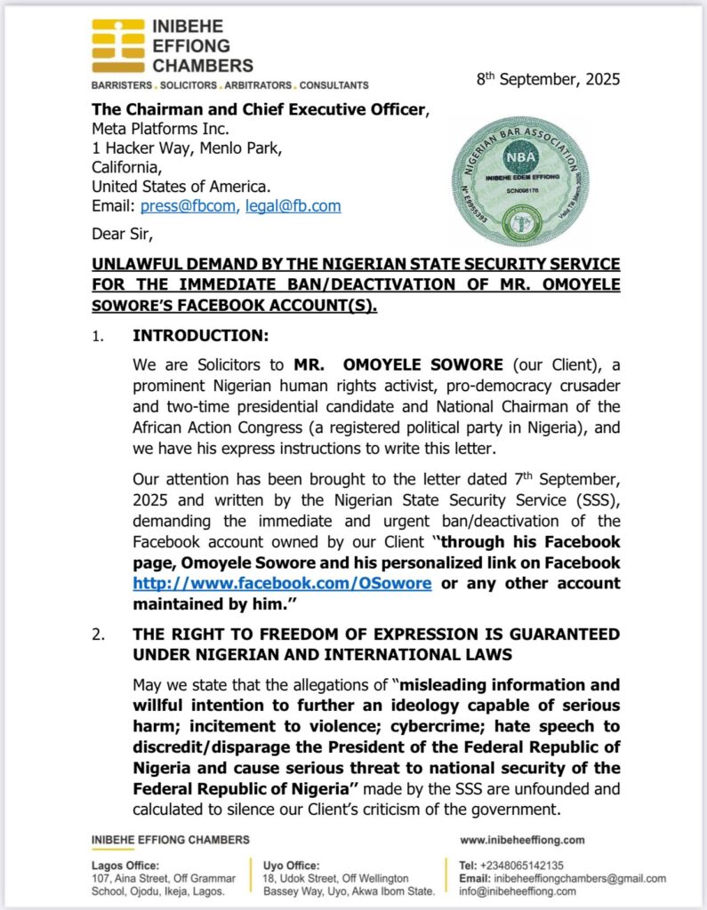 Sowore’s Lawyers Urge Meta to Reject DSS Demand to Ban Facebook Account