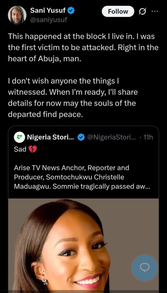 “I Was The First Victim” – Resident Recounts Horrific Katampe Robbery That Claimed Arise TV Anchor’s Life