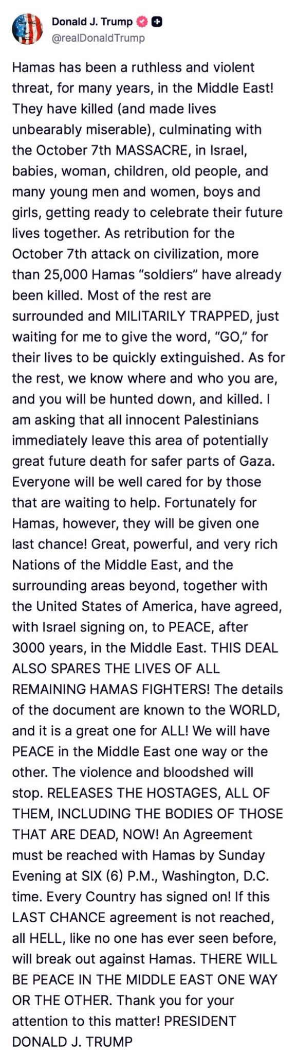 BREAKING: Trump Issues Ultimatum to Hamas