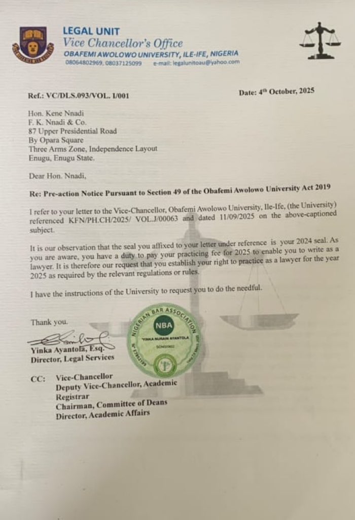 OAU Queries Lawyer’s Validity Over Pre-Action Notice on Post-UTME Irregularities