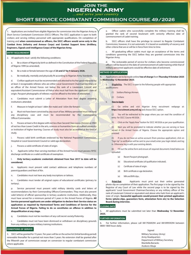 Job Alert: Nigerian Army Opens Online Application for Short Service Combatant Course 49 - See How To Apply