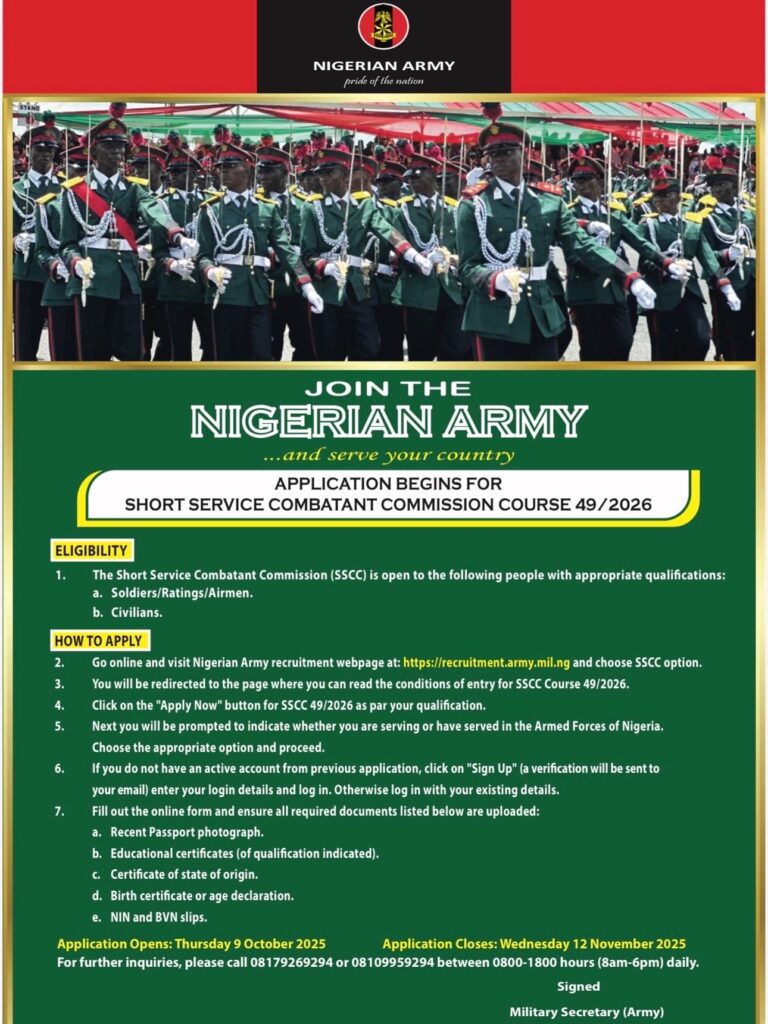 Job Alert: Nigerian Army Opens Online Application for Short Service Combatant Course 49 - See How To Apply