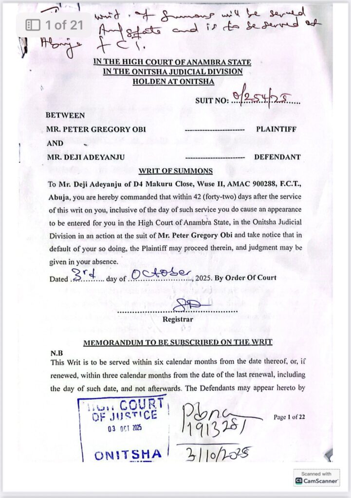 BREAKING: Peter Obi Sues Deji Adeyanju Over Defamatory Remarks