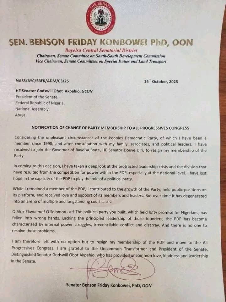 BREAKING; Senator Kombowei Benson Dumps PDP for APC