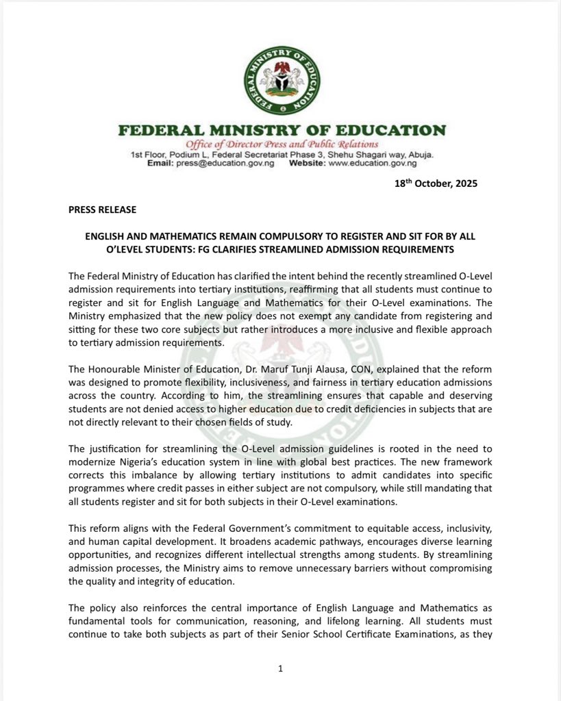 FG Clarifies: English and Mathematics Still Compulsory for All O’Level Students Despite Streamlined Admission Policy