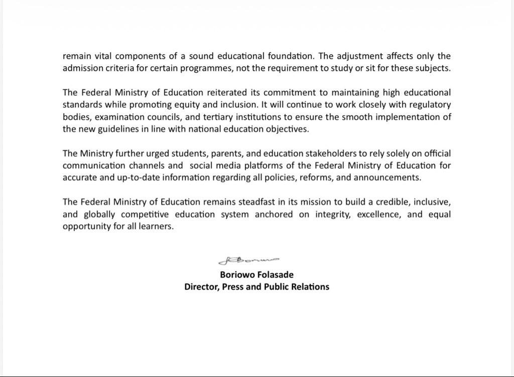 FG Clarifies: English and Mathematics Still Compulsory for All O’Level Students Despite Streamlined Admission Policy