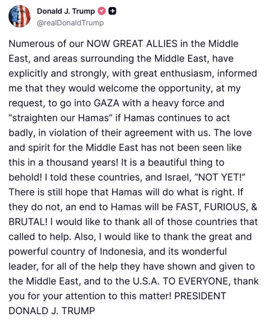 BREAKING: President Trump Says Middle Eastern Nations Ready to Send Forces Into Gaza at His Request
