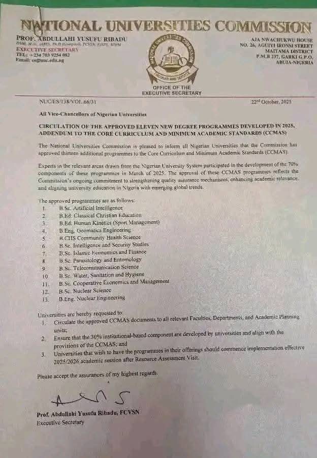 BREAKING: National Universities Commission (NUC) Approves 13 New Degree Programmes for Nigerian Universities, Full List Emerged