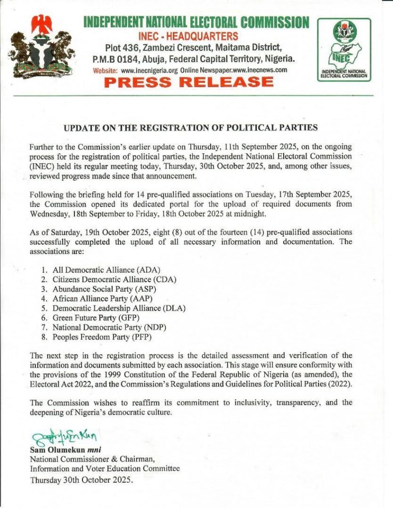 INEC Advances Eight Political Associations Toward Registration Approval