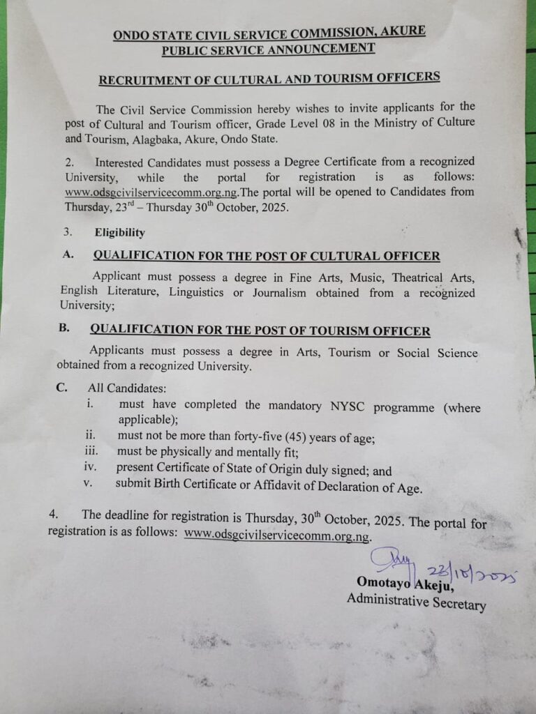 JOB VACANCY: Ondo Civil Service Commission Begins Recruitment for Cultural and Tourism Officers, See How To Apply
