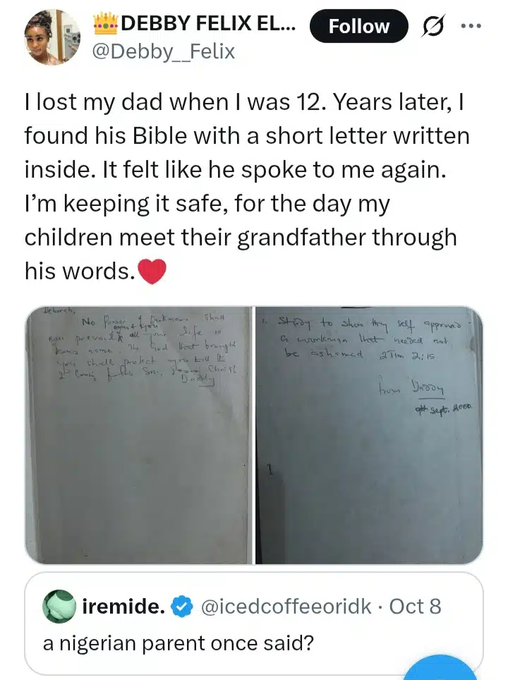 'Felt Like He Spoke To Me Again' Lady Shares Emotional Letter She Found In Her Dad’s Bible, Years After His Demise
