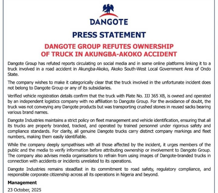 ONDO: Dangote Denied Truck Involved In Killing Of Eight, Including Pregnant Woman In Akungba Akoko