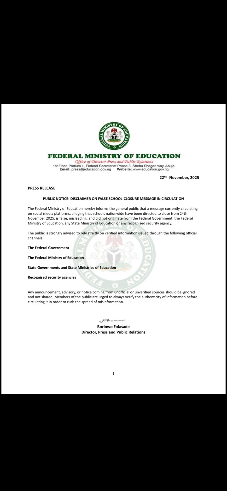BREAKING: Education Ministry Debunks Viral “School Closure” Details Emerged