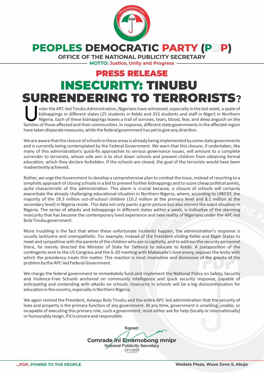 PDP Accuses Tinubu Administration of “Surrendering to Terrorists” as Mass Kidnappings Rock Northern Nigeria