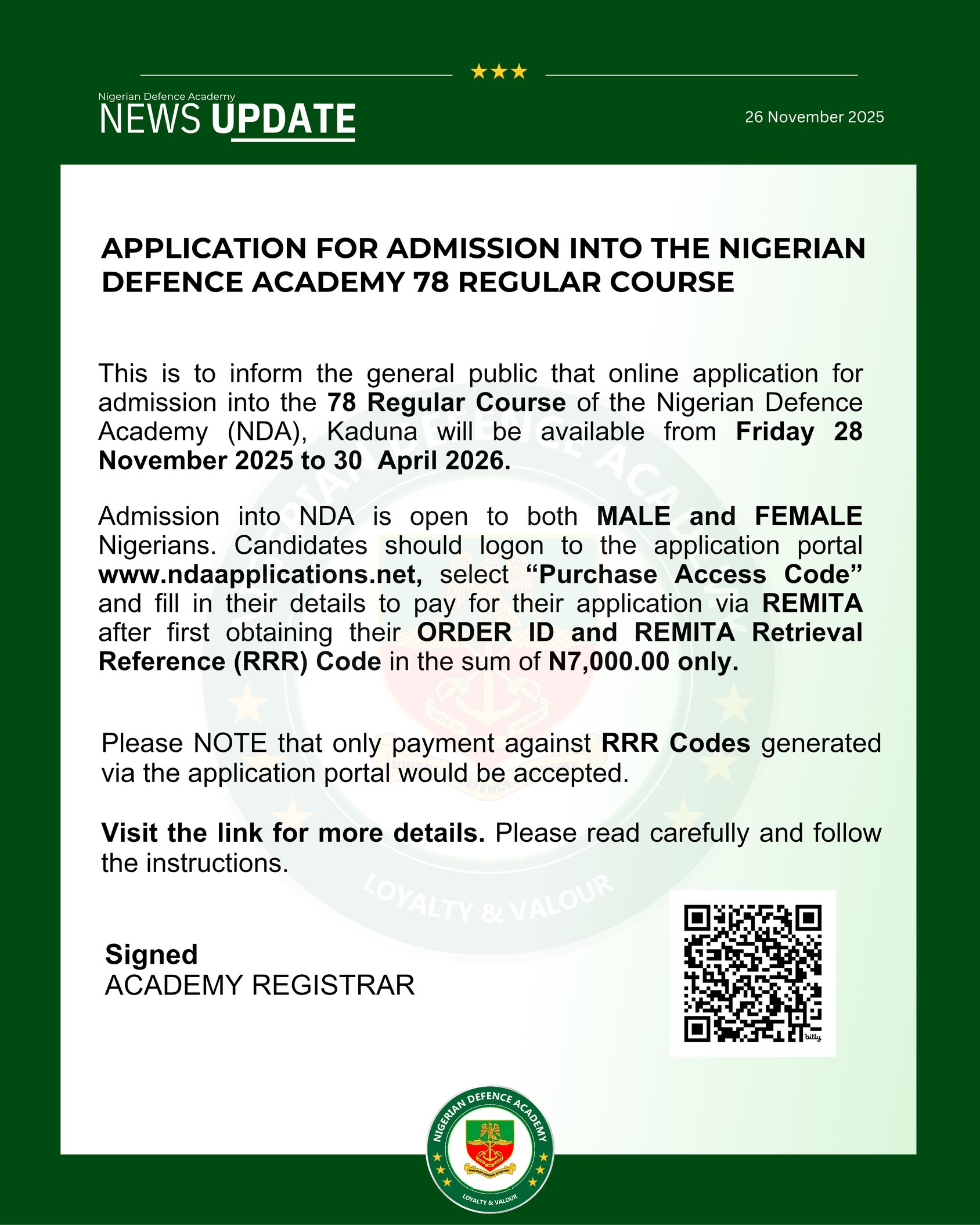 JUST-IN: Nigerian Defence Academy Opens Application for 78 Regular Course, Apply Now