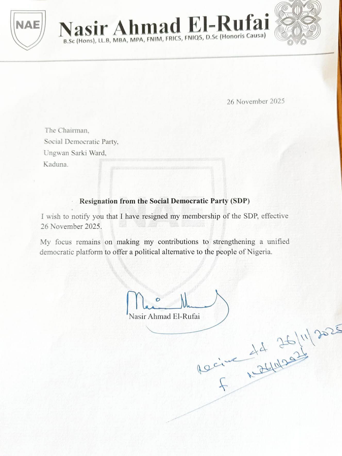 Nasir El-Rufai, BREAKING: El-Rufai Officially Resigns From SDP, Joins ADC