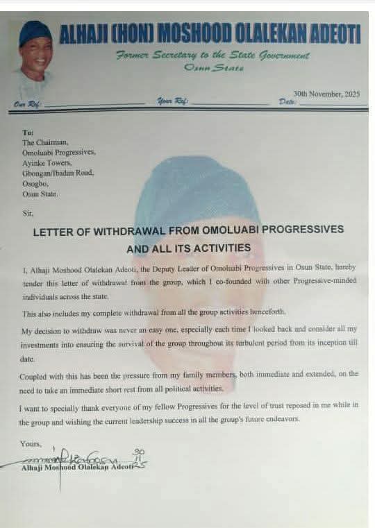 ADC Suffers Fresh Blow As Ex-SSG, Adeoti, Quits Omoluabi Progressives
