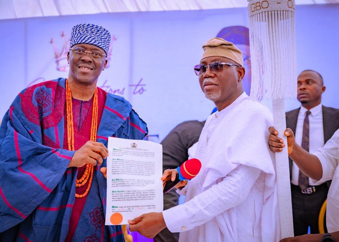 Aiyedatiwa Presents Staff of Office to New Olu-Oke of Oke-Igbo, Oba Akintoye Adeoye, Ending Years of Dispute