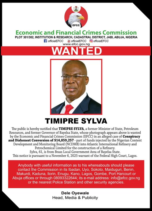 EFCC Declares Ex-Petroleum Minister Timipre Sylva Wanted Over Alleged Corruption Charges