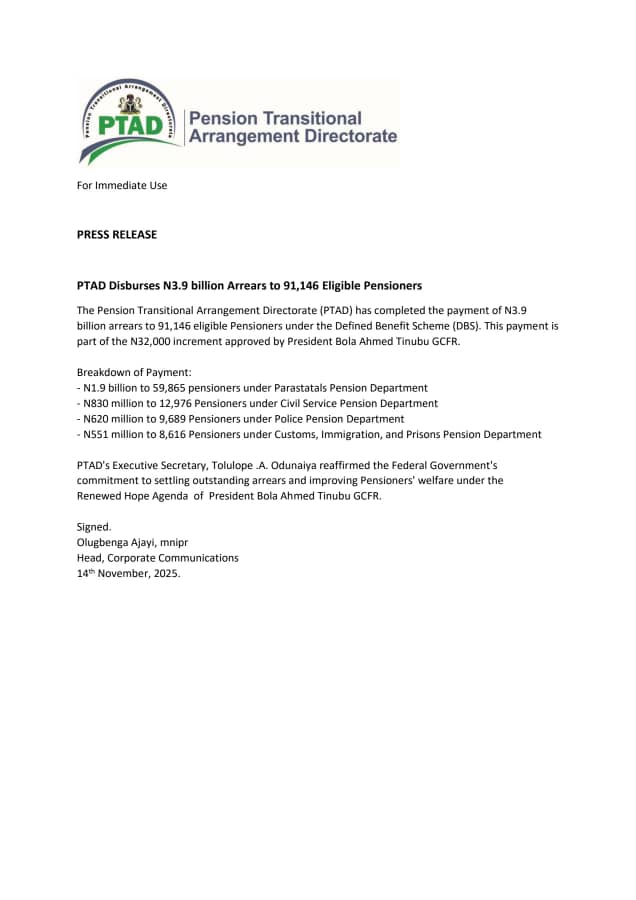 Tinubu Government Disburses ₦3.9 Billion Pension Arrears, Full Details on Payment For Retirees