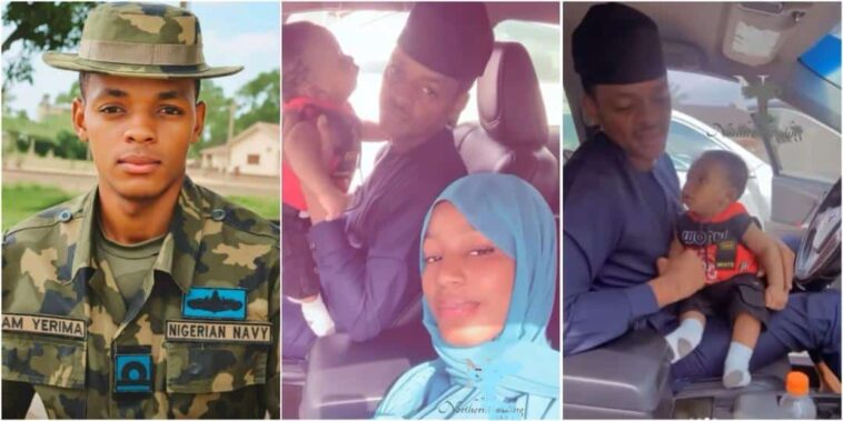 Abuja Land Saga: “Is he married?” – Nigerians react as viral Naval Officer Yerima is spotted in car with woman and baby