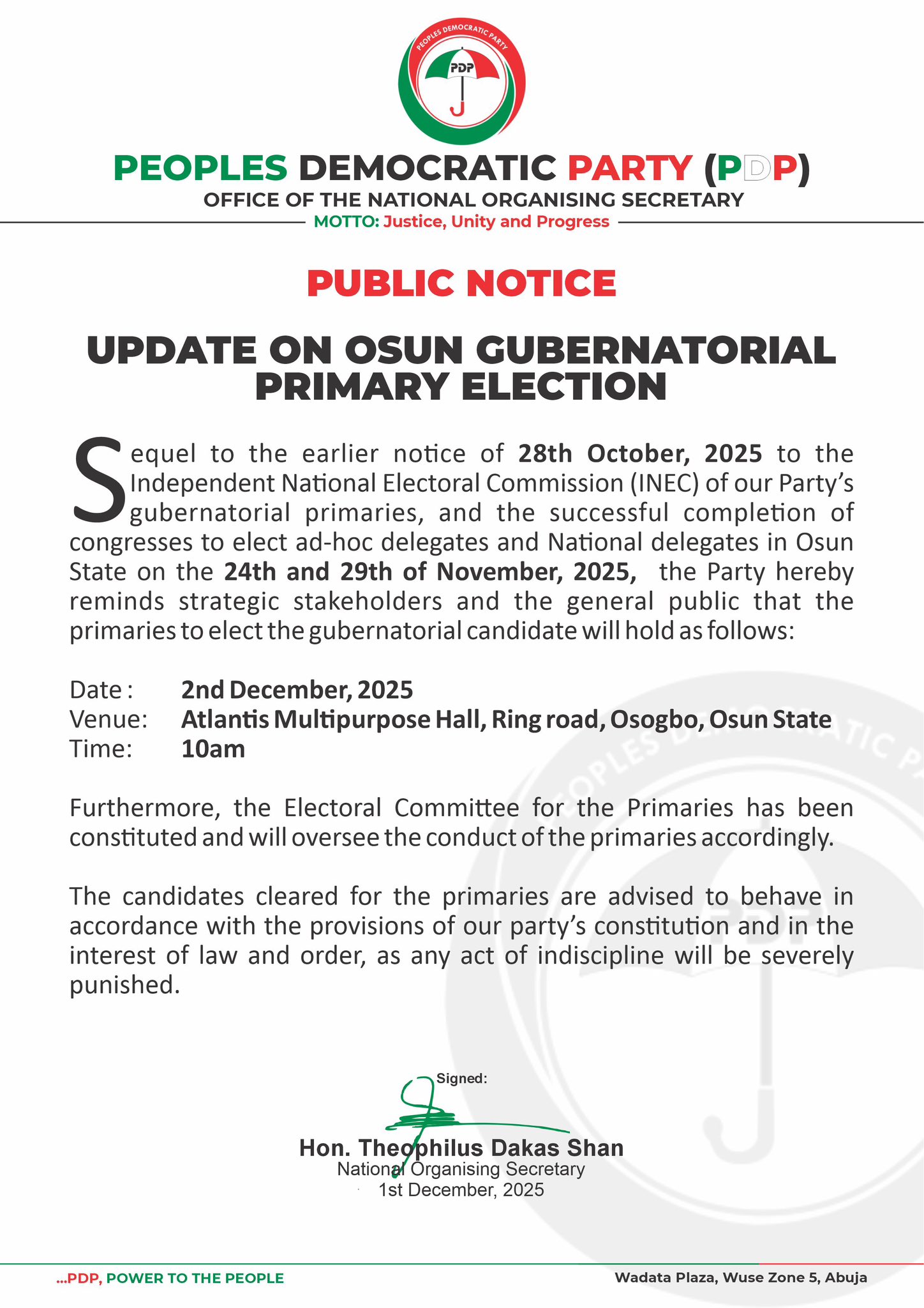BREAKING: Osun PDP Declare Date For Guber Primary